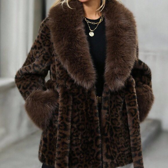 Coffee Brown Chic Women's Leopard Print Lapel Long Sleeve Faux Fur Jacket coat - Picture 6 of 9
